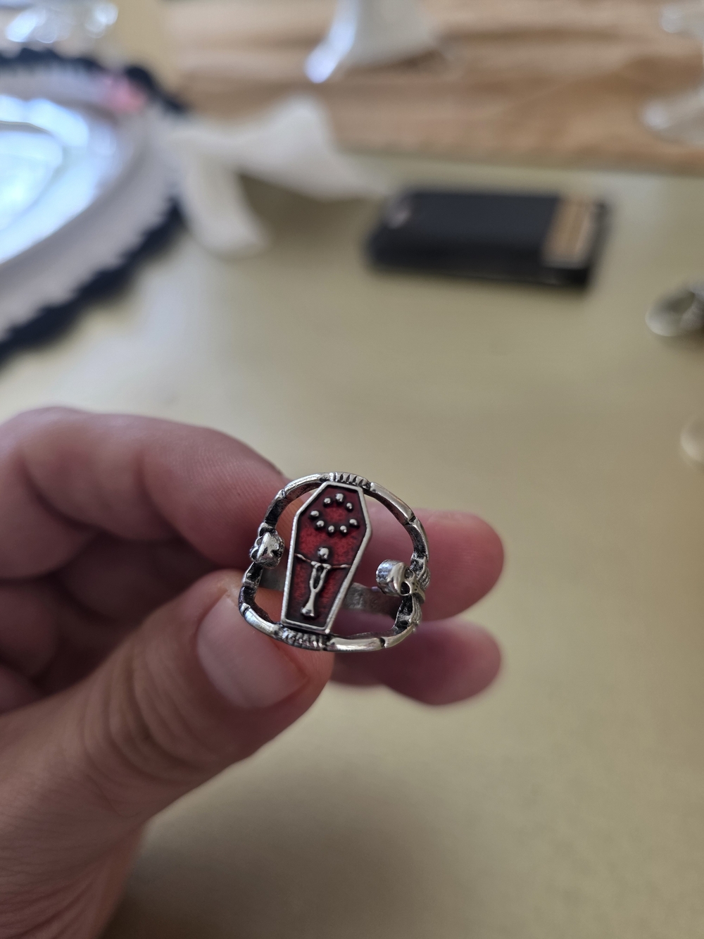 Silver Red Coffin Ring